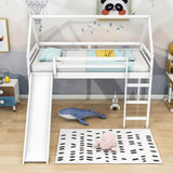 Wood House Twin Loft Bed for Kids with Slide