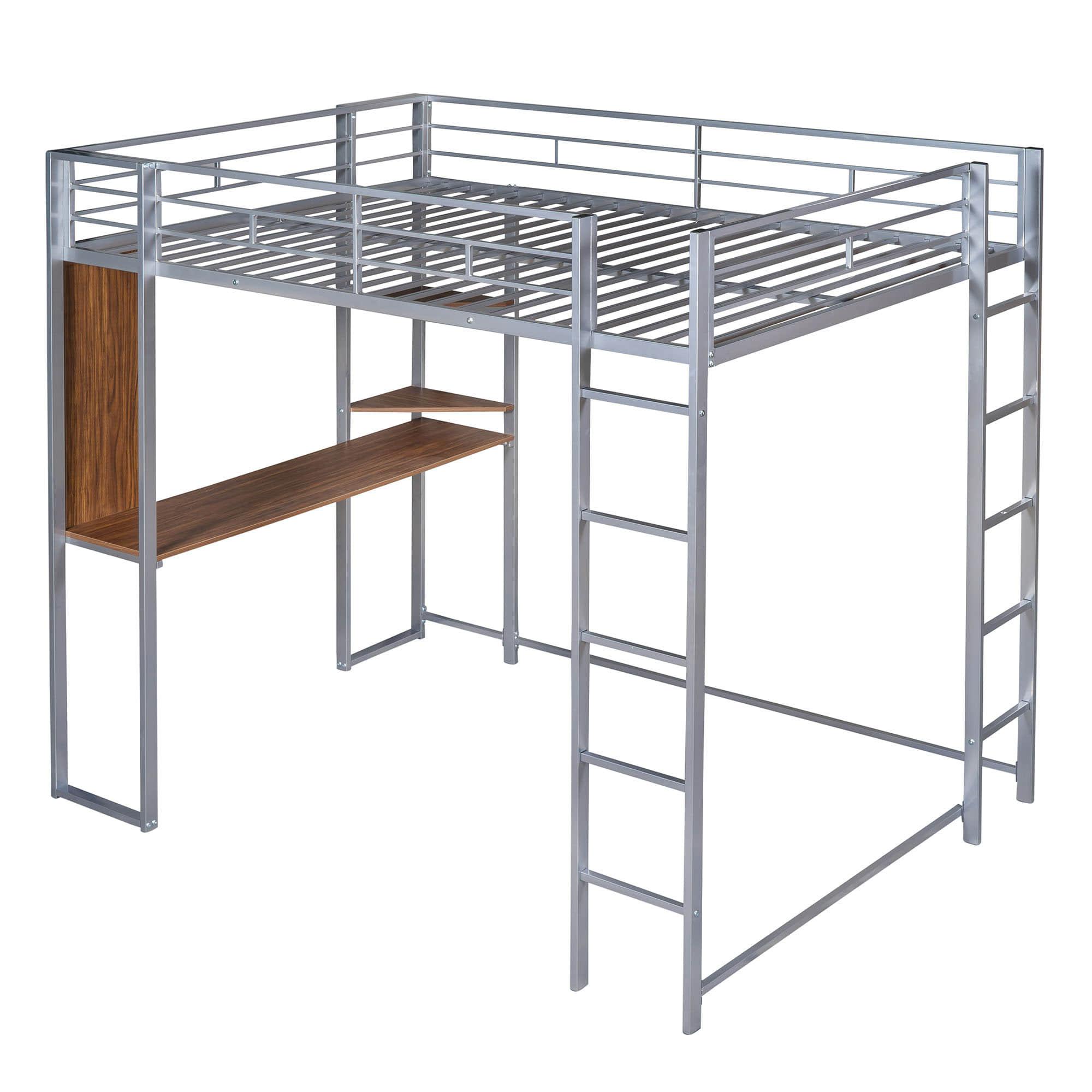 Metal Full Size Loft Bed Frame with Desk and Shelves - [2 Ladders]