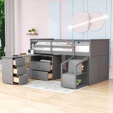 Low Twin Loft Bed with Portable Desk and Stairs, Storage - [Wood, Drawers, Shelves]