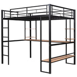 Modern Metal Full Size Loft Bed with Desk and Storage Shelves for Junior - [Black]