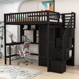 Twin Loft Bed with Desk and Storage Stairs - [Wood, Cabinet, Wardrobe, Shelves]