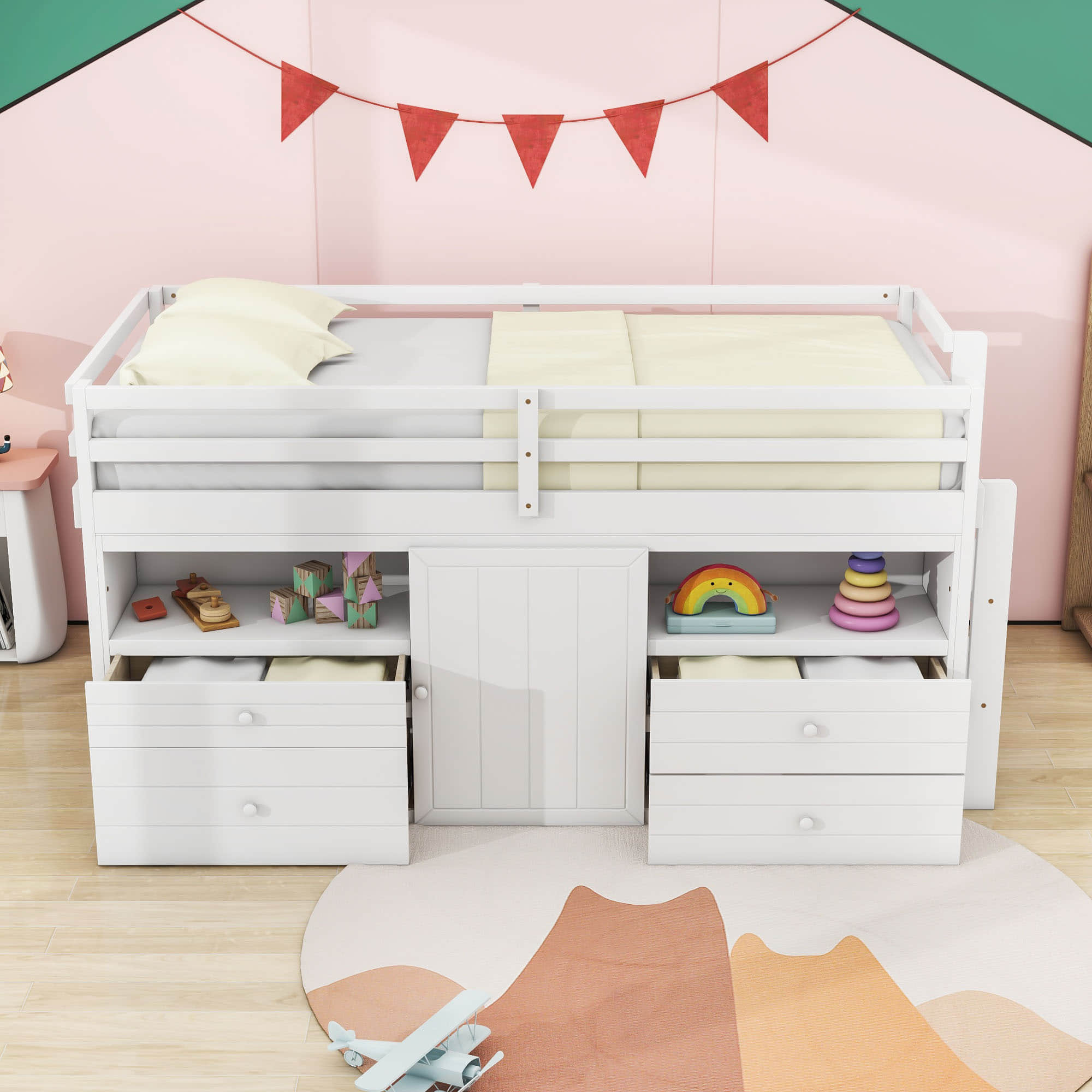 Low Twin Loft Bed Frame with Storage for Kids - [Drawers, Cabinet, Shelves]