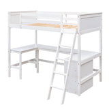 Wood Twin Size Loft Bed with Desk and Storage Shelves for Kids, Adult