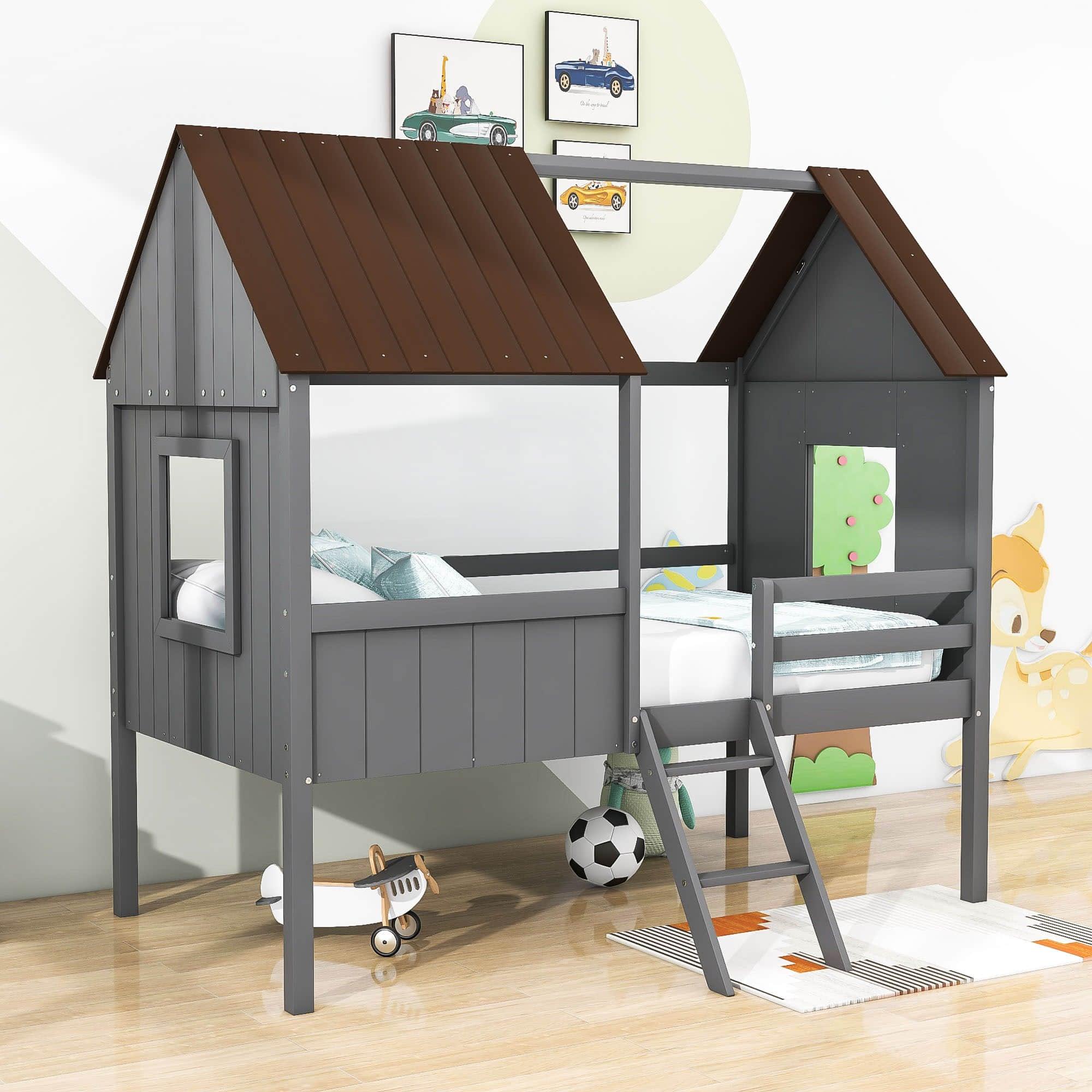 Low Twin Loft House Bed for Kids, Toddler - [Wood, Fun]