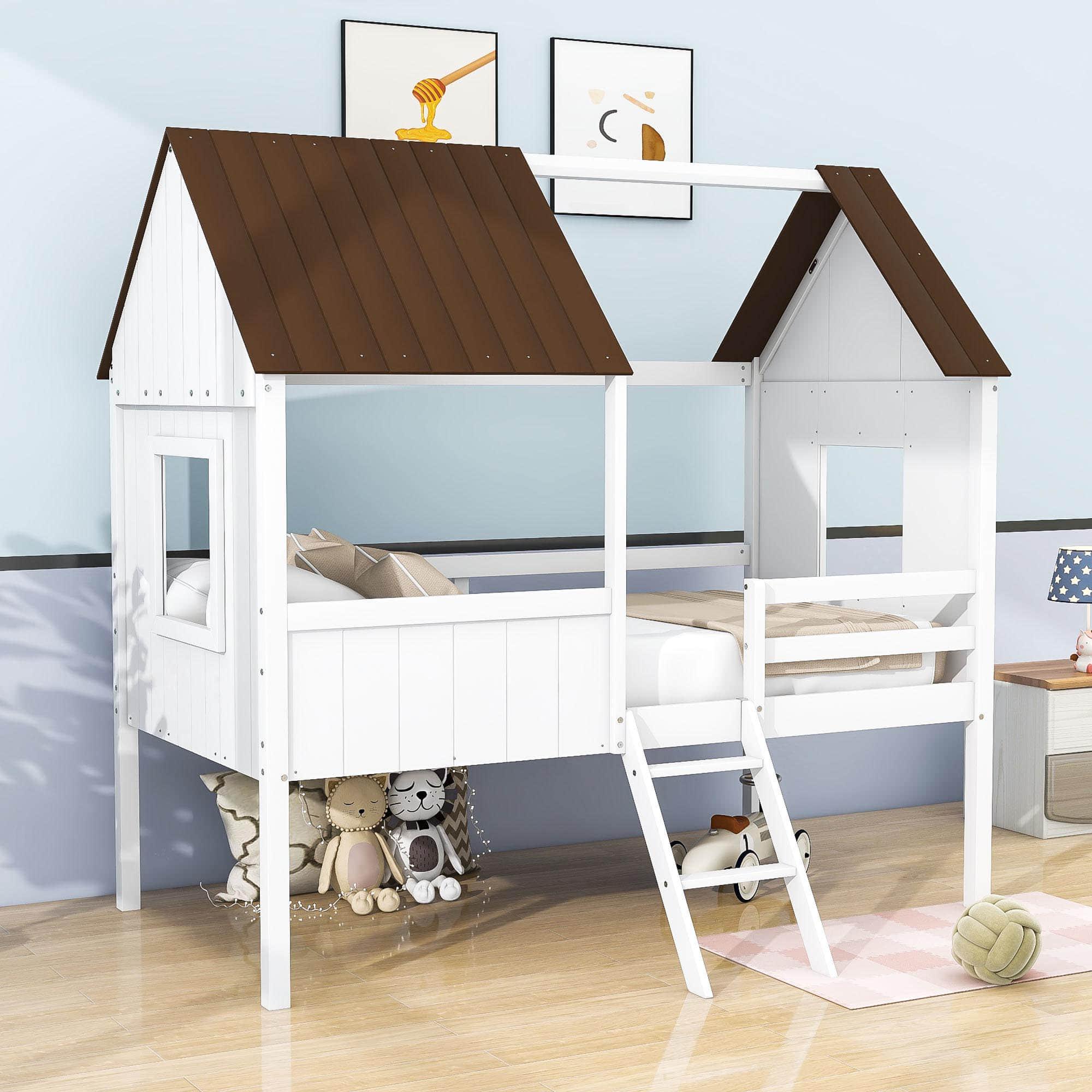 Low Twin Loft House Bed for Kids, Toddler - [Wood, Fun]