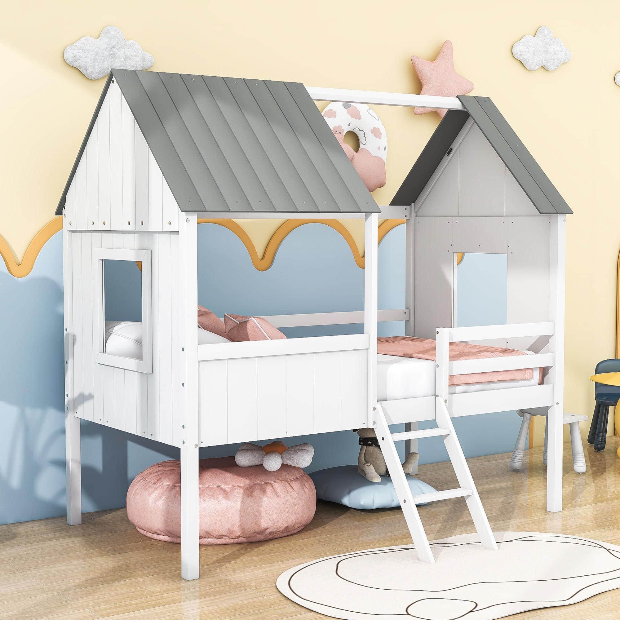 Low Twin Loft House Bed for Kids, Toddler - [Wood, Fun]