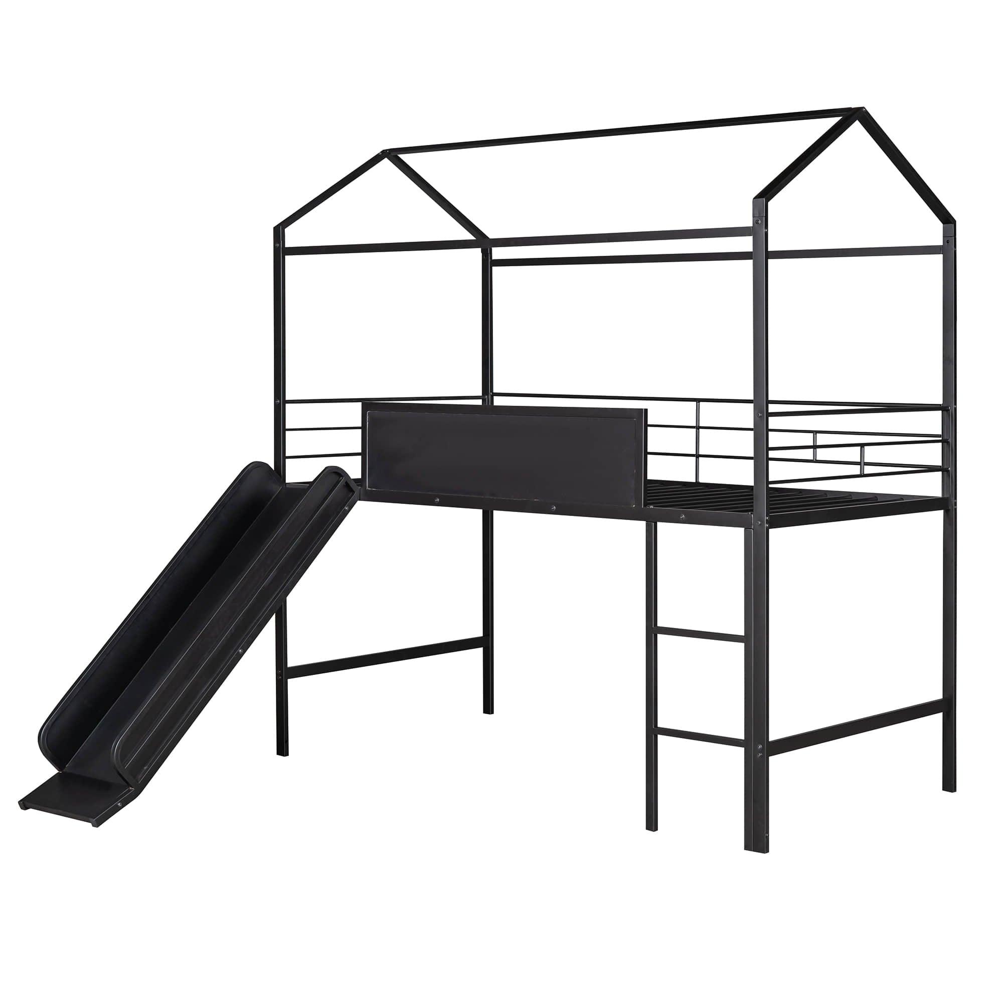 Low Metal Twin Playhouse Loft Bed with Slide, Chalkboard for Kids, Junior