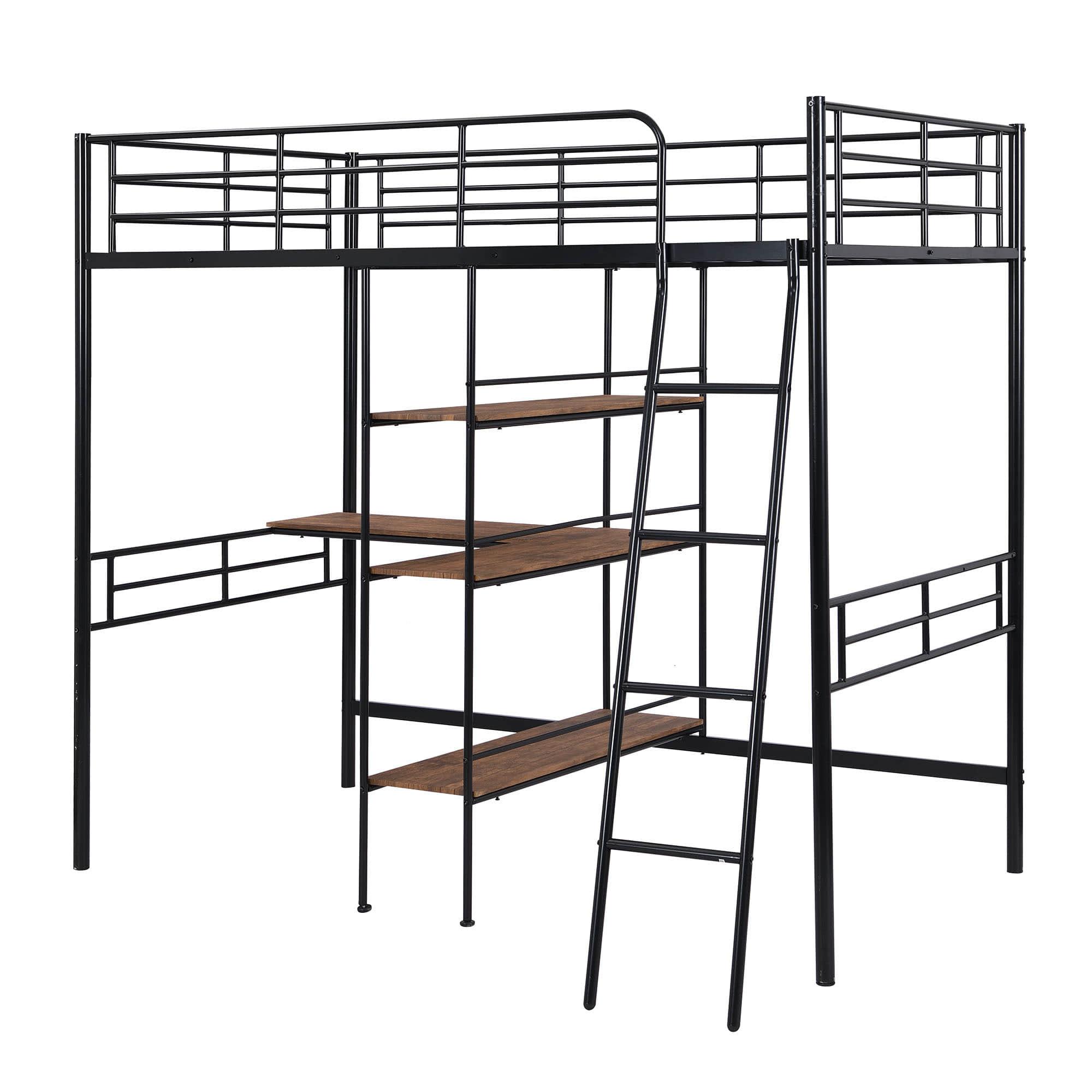 Metal Twin Loft Bed with Desk and Storage Shelves - [Wood]