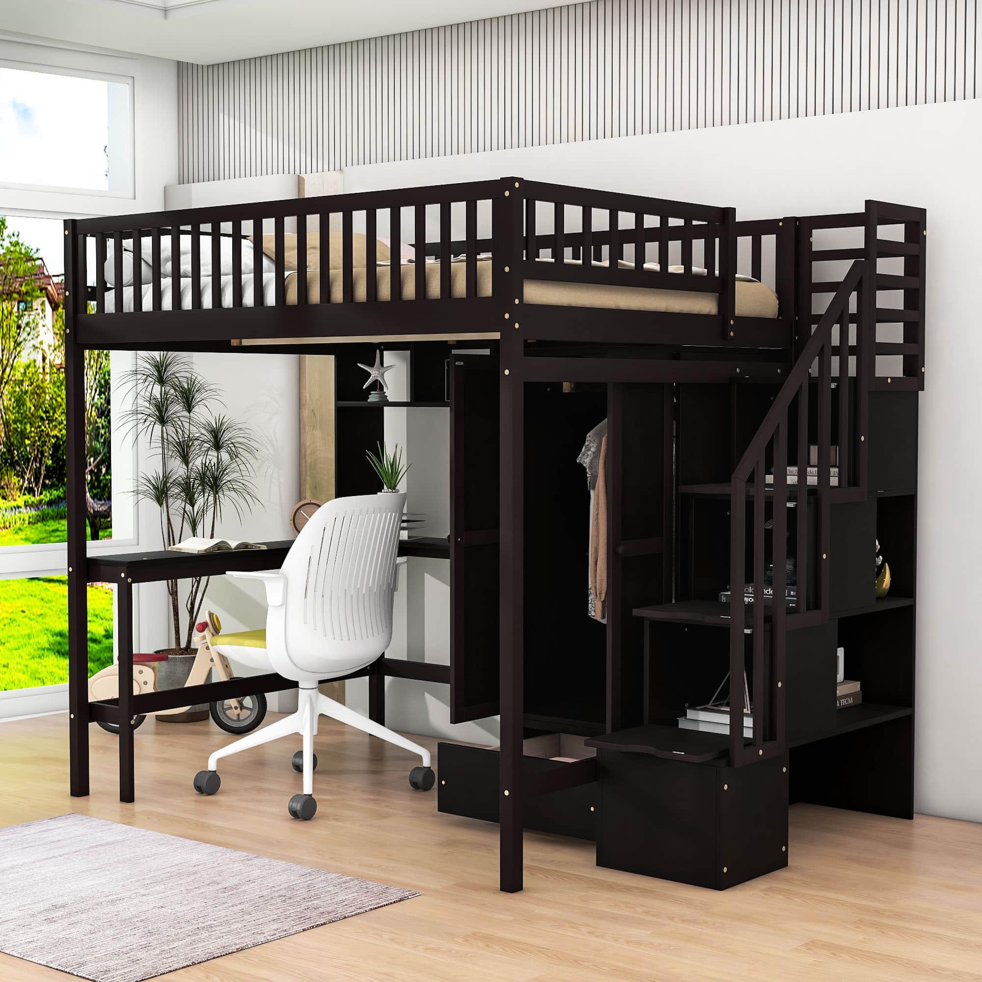 Full Size Loft Bed with Desk and Stairs, Storage - [Wood, Drawers, Wardrobe, Shelves]