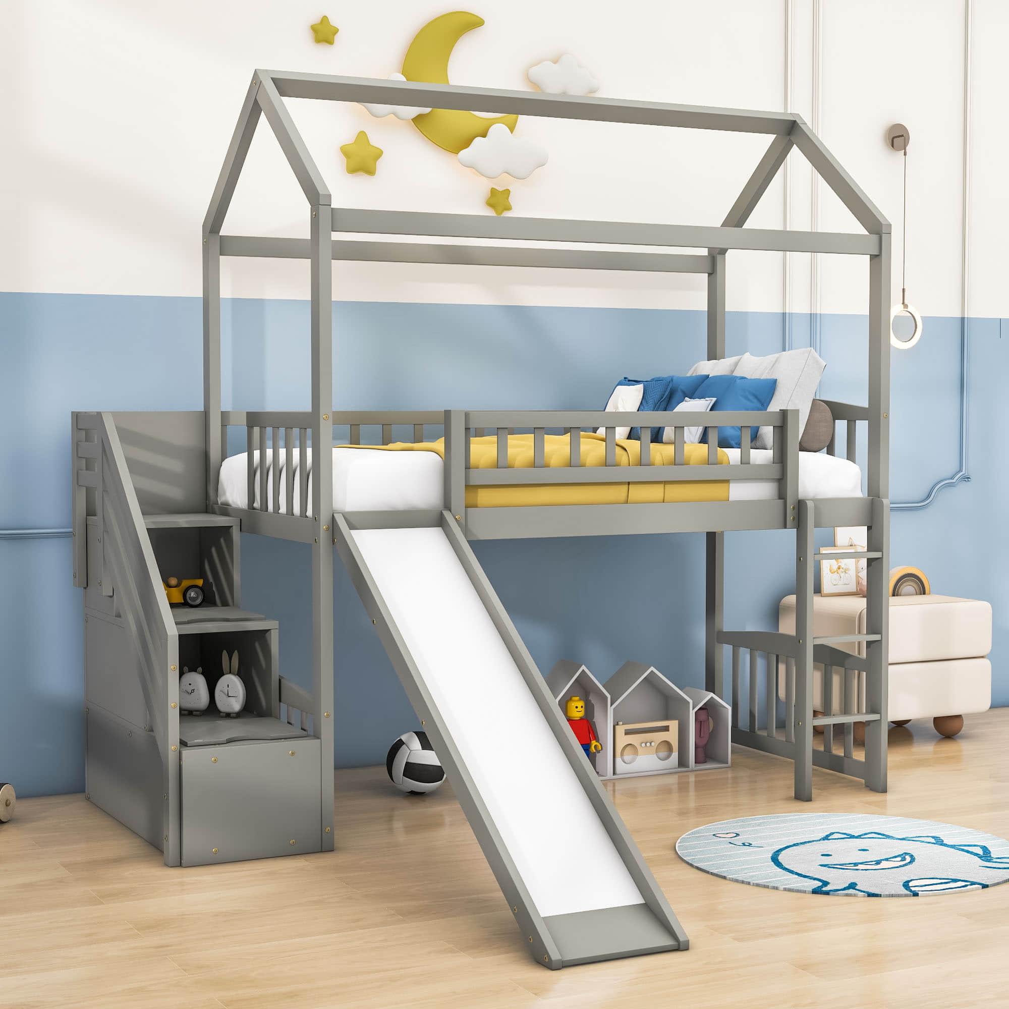 Kids Twin Playhouse Loft Bed with Storage Stairs and Slide - [Wood, Low]