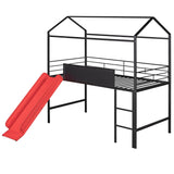 Low Metal Twin Playhouse Loft Bed with Slide, Chalkboard for Kids, Junior