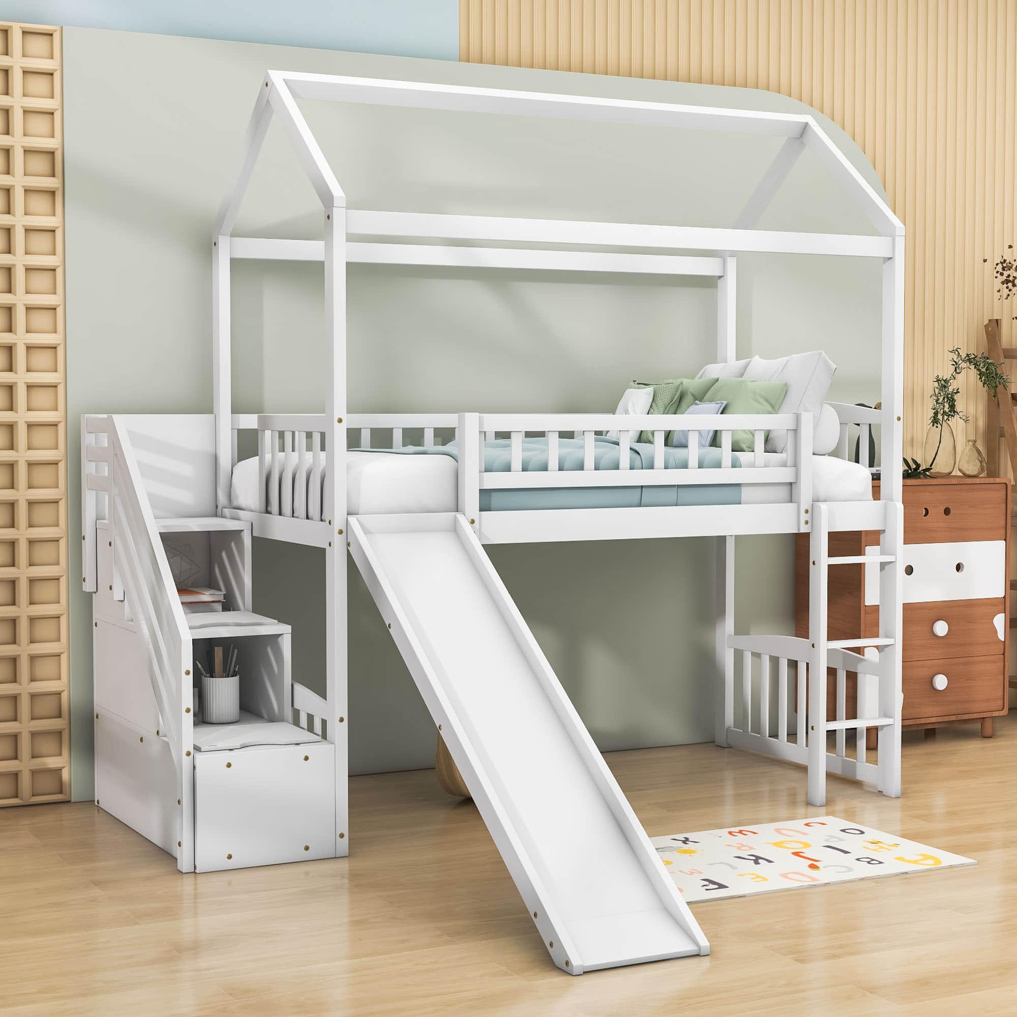 Kids Twin Playhouse Loft Bed with Storage Stairs and Slide - [Wood, Low]