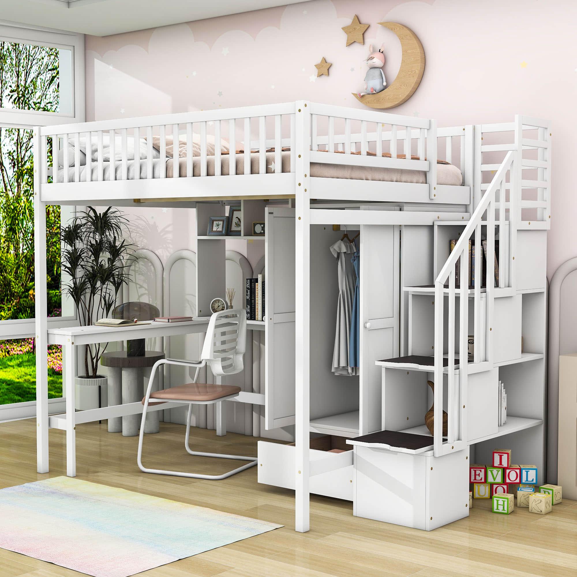 Full Size Loft Bed with Desk and Stairs, Storage - [Wood, Drawers, Wardrobe, Shelves]