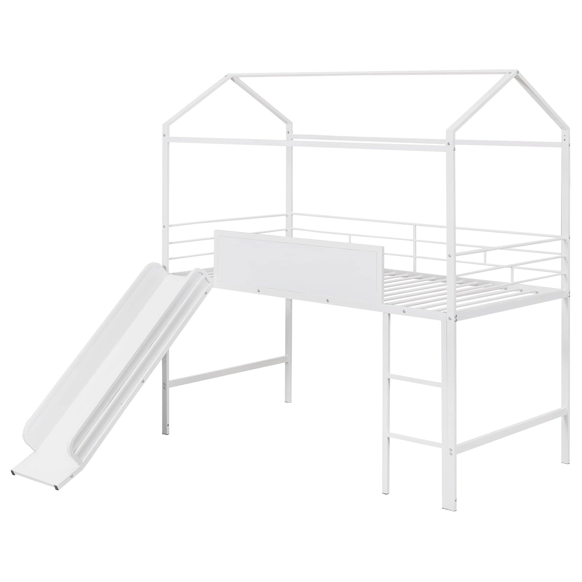 Low Metal Twin Playhouse Loft Bed with Slide, Chalkboard for Kids, Junior