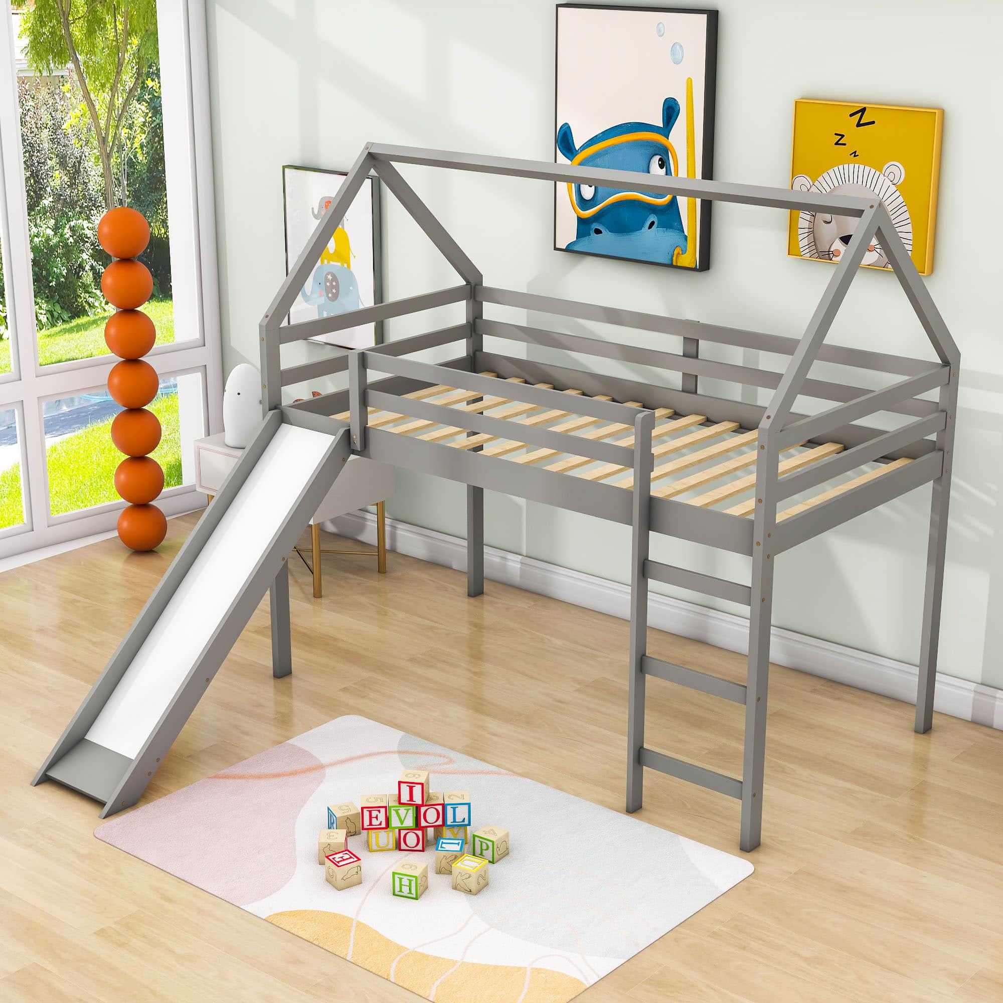 Wood House Twin Loft Bed for Kids with Slide