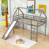 Wood House Twin Loft Bed for Kids with Slide