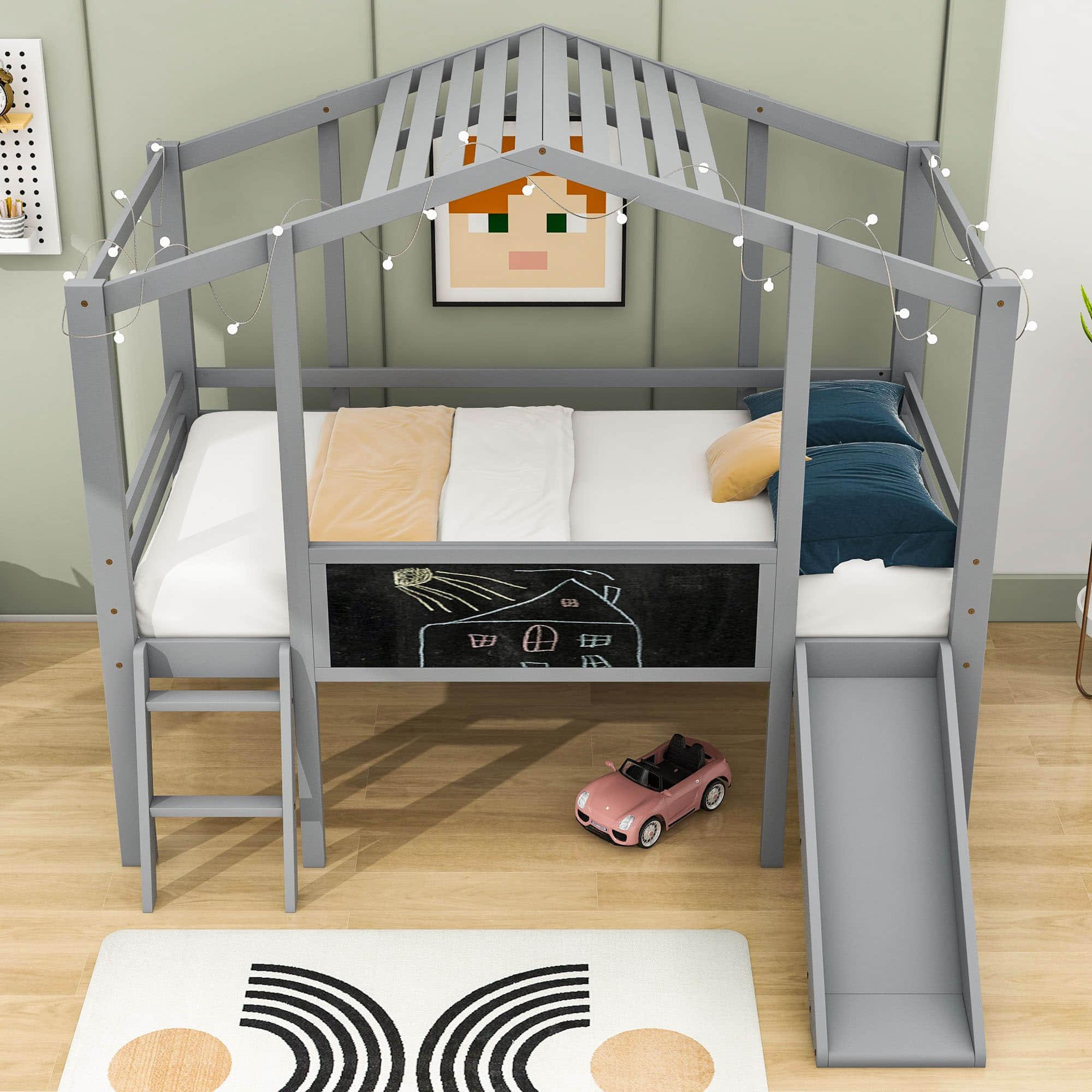 Twin House Low Loft Bed with Slide and Blackboard for Kids, Toddler - [Wood]