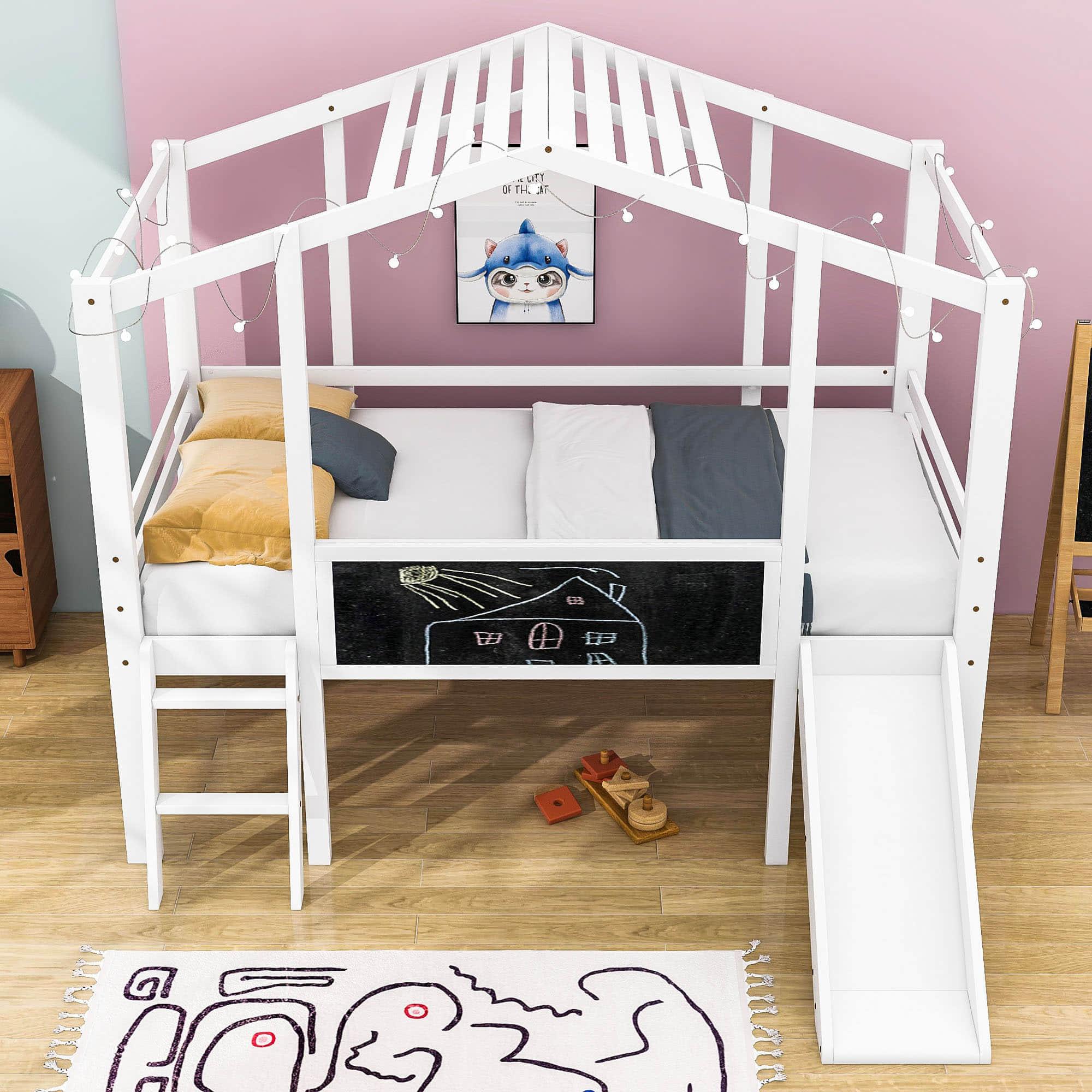 Twin House Low Loft Bed with Slide and Blackboard for Kids, Toddler - [Wood]