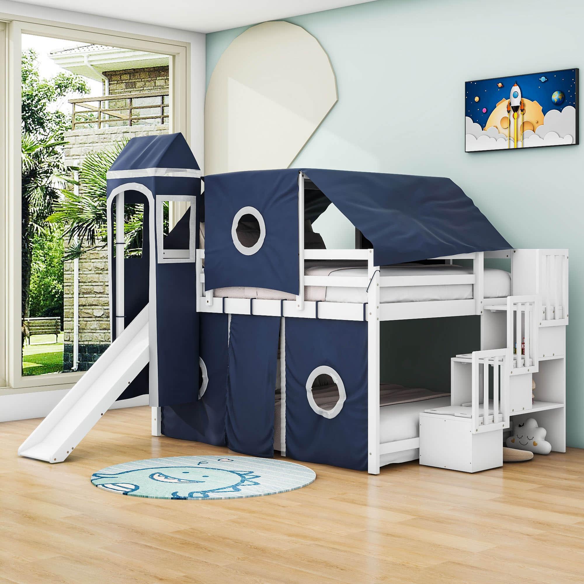 Wood Full Size Low Loft House Bed with Stairs and Slide for Kids