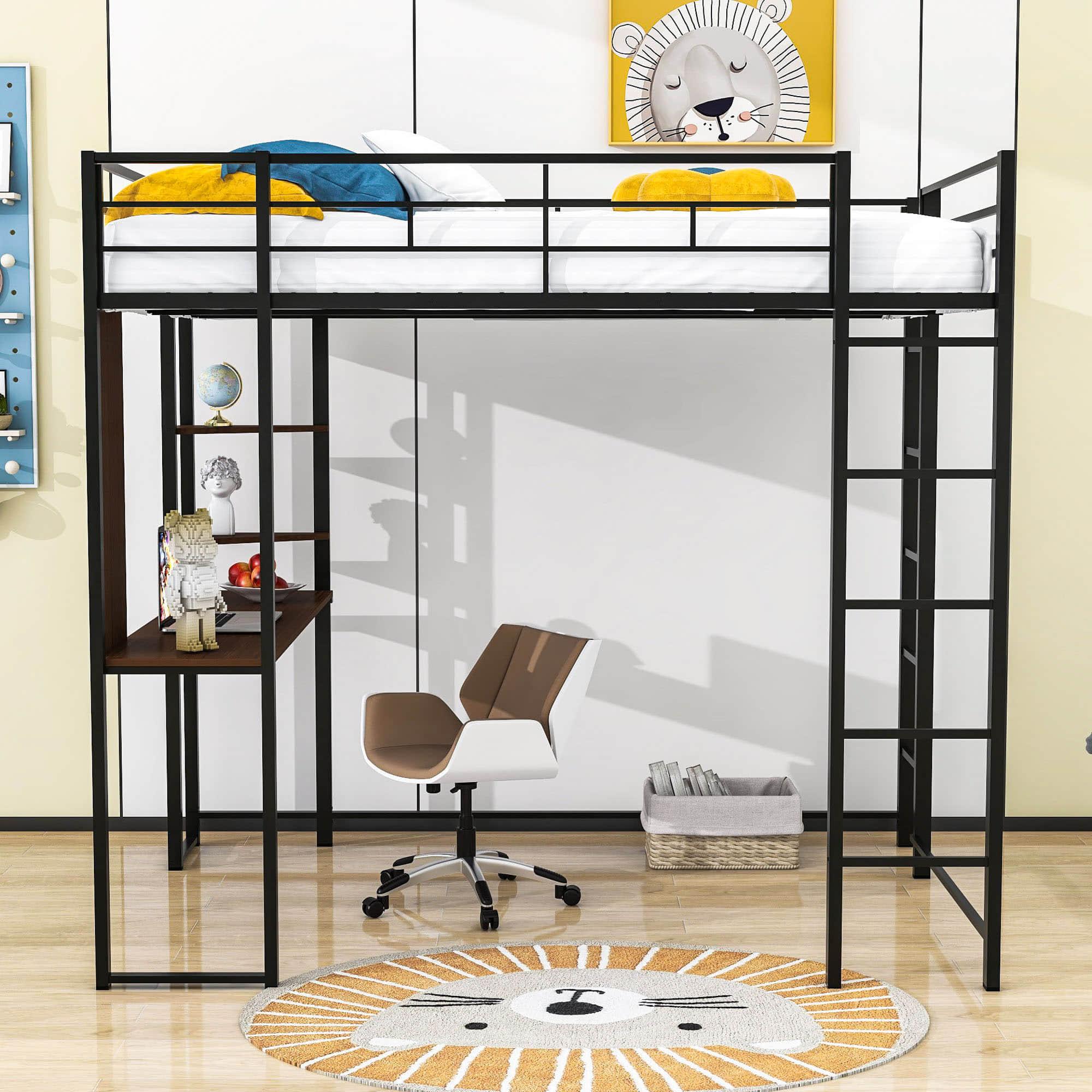 Metal Full Size Loft Bed Frame with Desk and Shelves - [2 Ladders]