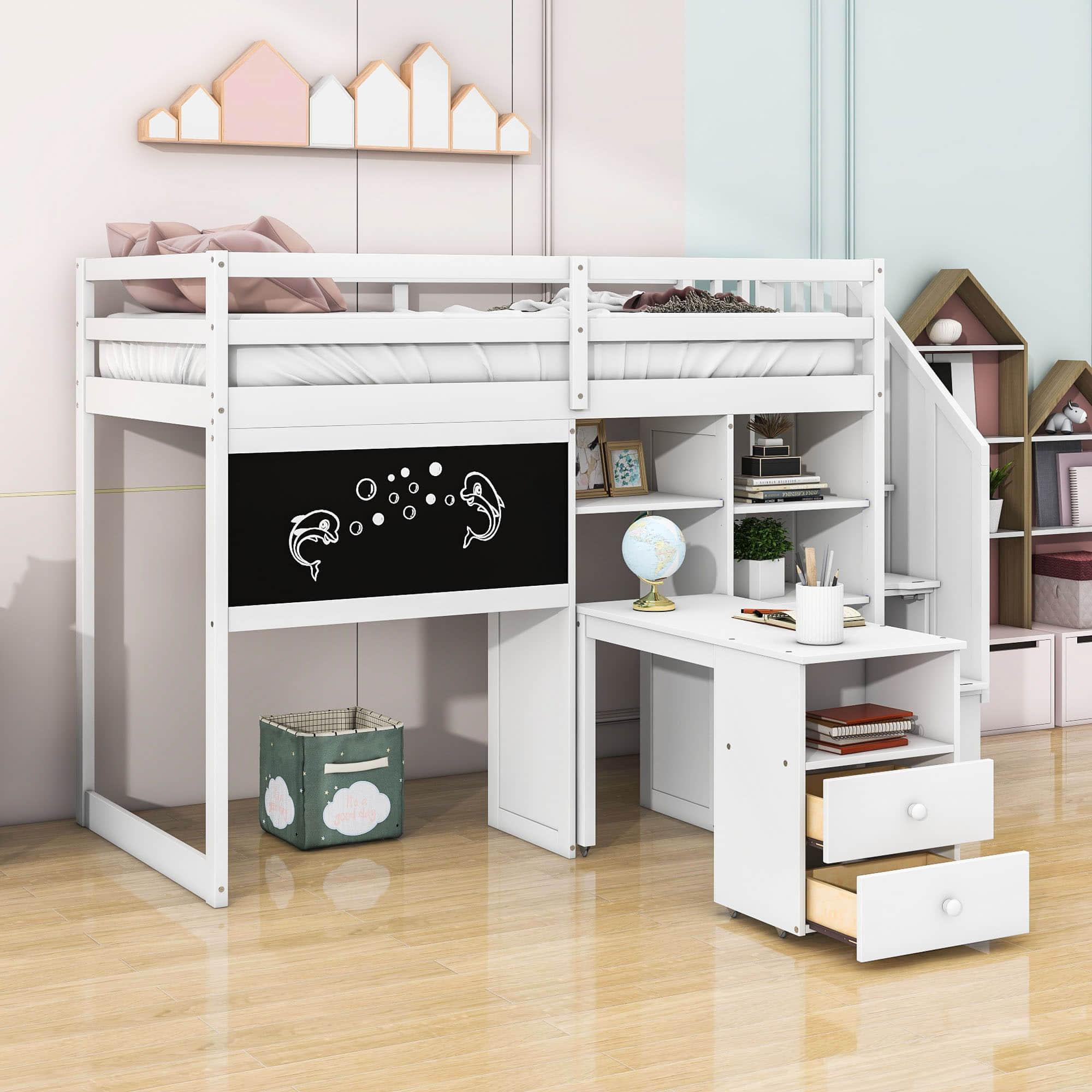 Twin Loft Bed with Stairs and Desk, Storage - [Wood, Drawers, Shelves, Blackboard]