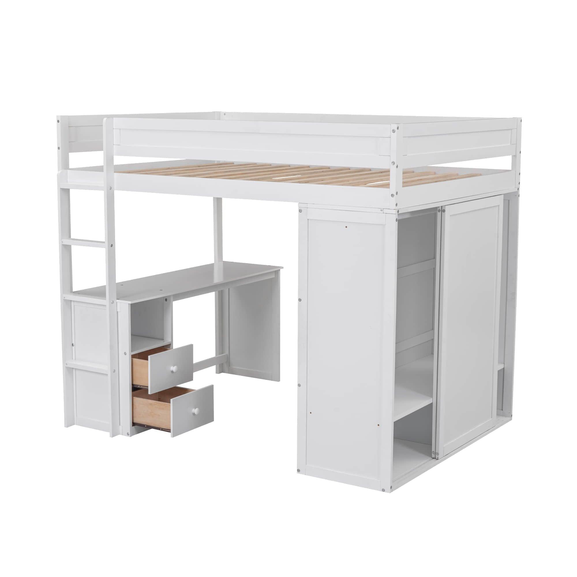 Full Size Loft Bed with Desk and Storage Cabinet, Wardrobe - [Wood, Drawers]