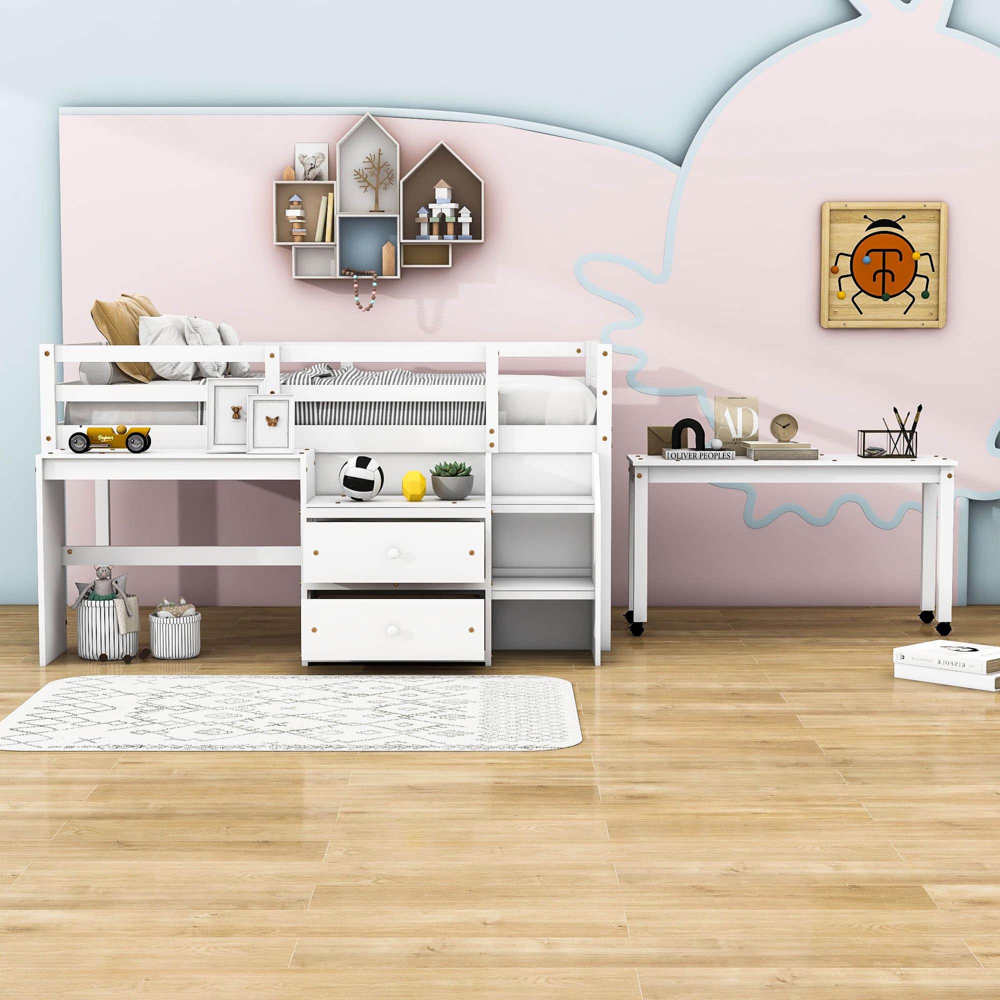 Twin Size Kids Low Loft Bed with Desk, Stairs and Storage Drawers