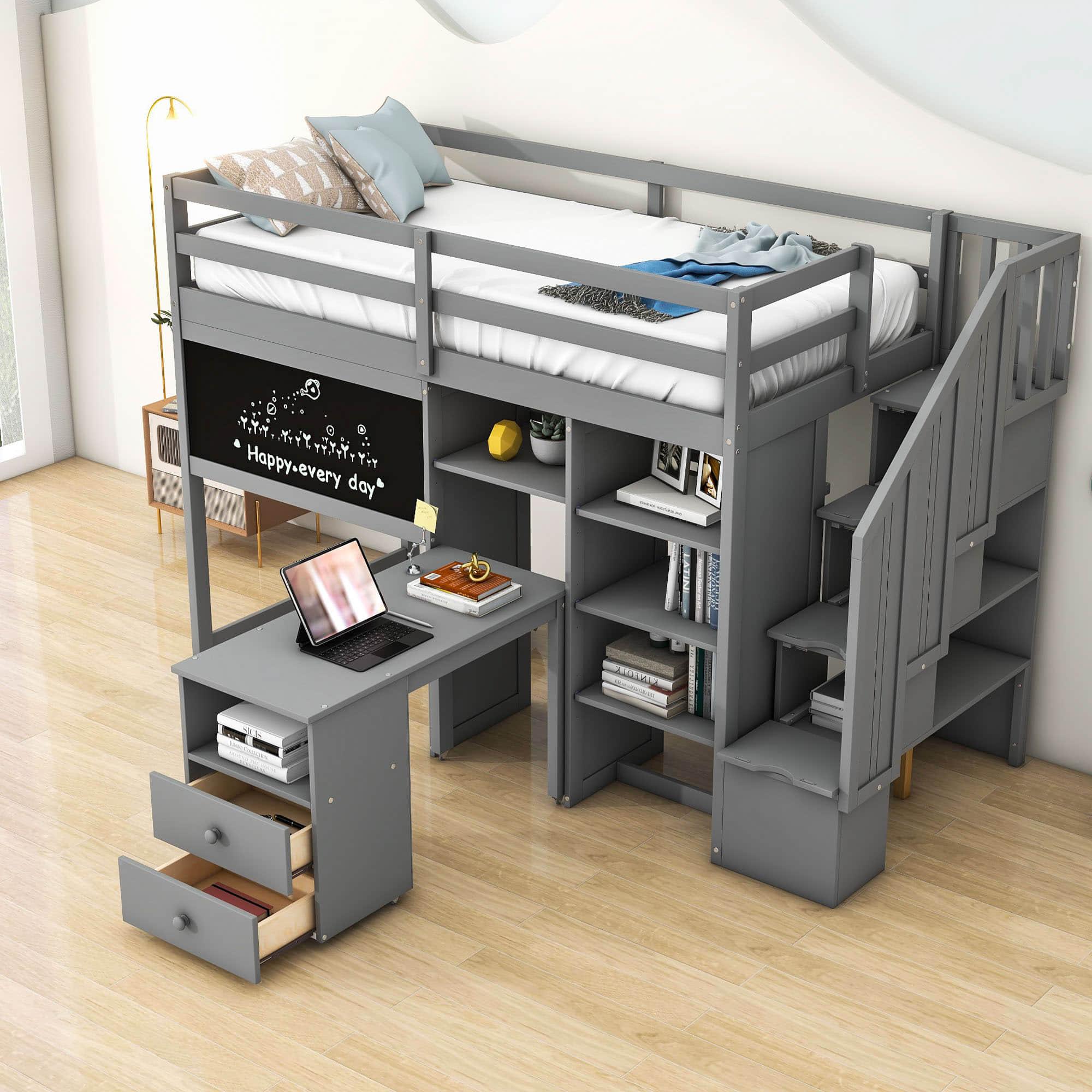 Twin Loft Bed with Stairs and Desk, Storage - [Wood, Drawers, Shelves, Blackboard]