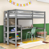 Wooden Twin Loft Bed with Desk and Storage Shelves for Adult, Kids, Junior