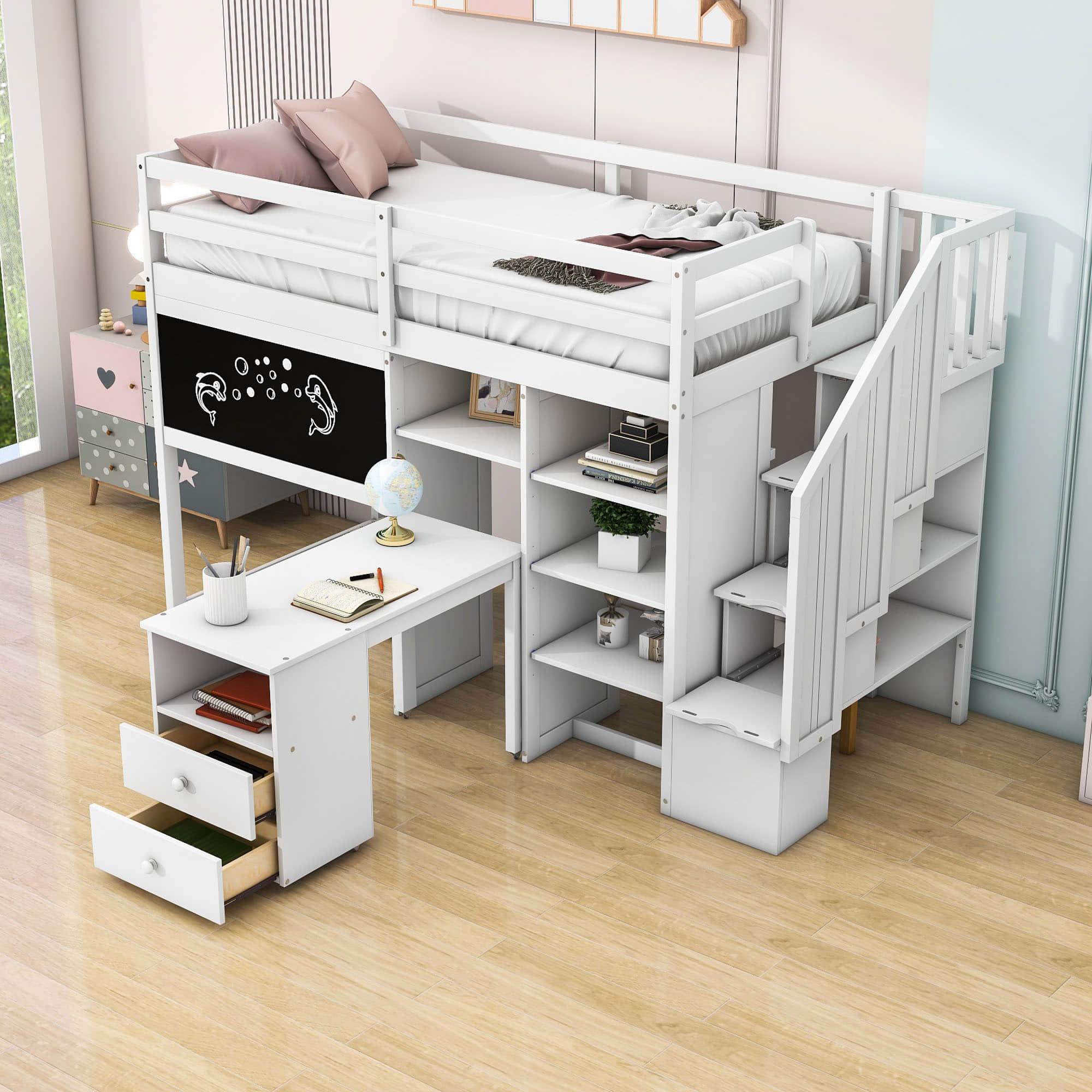 Twin Loft Bed with Stairs and Desk, Storage - [Wood, Drawers, Shelves, Blackboard]