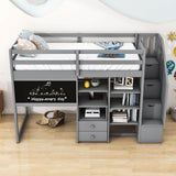 Twin Loft Bed with Stairs and Desk, Storage - [Wood, Drawers, Shelves, Blackboard]