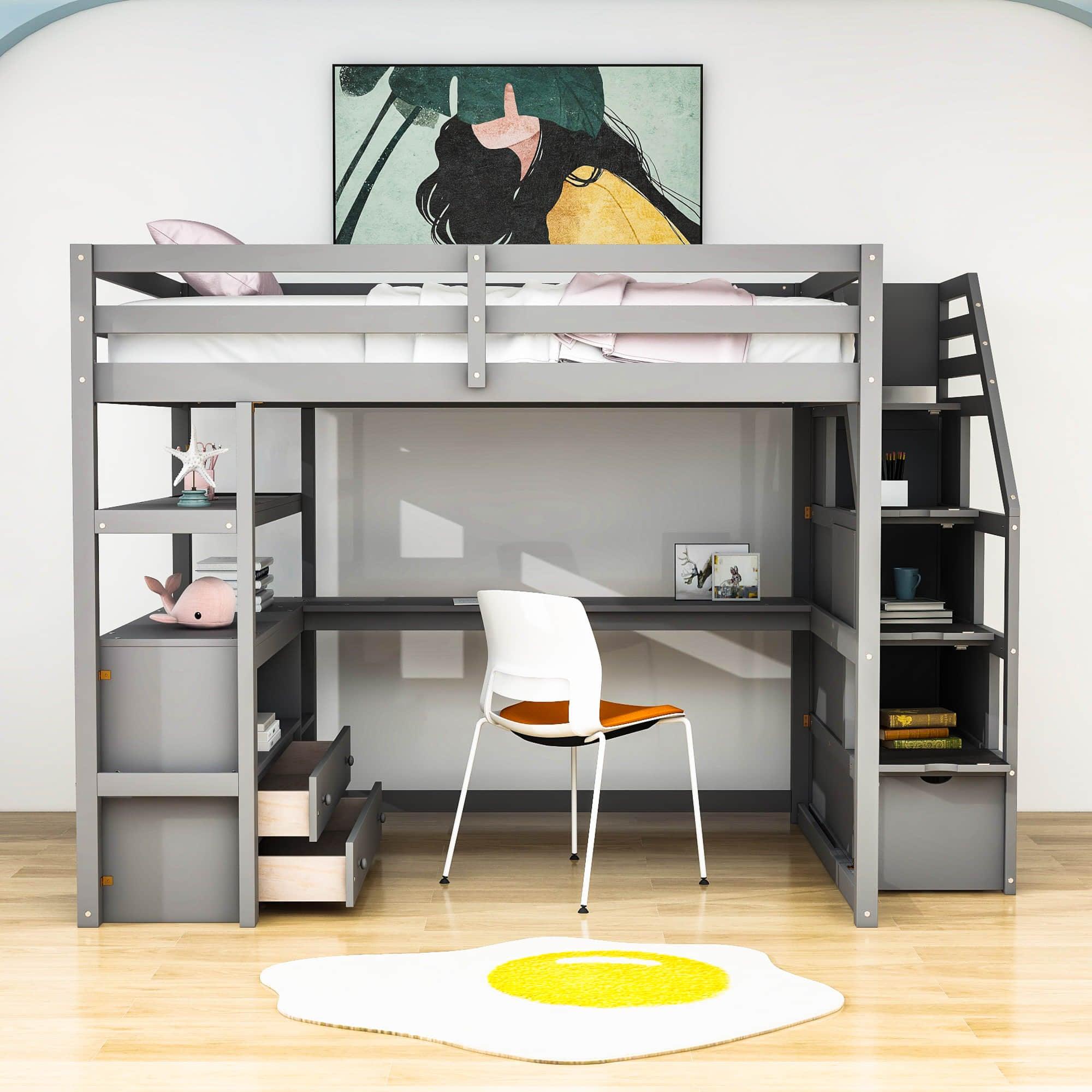 Full Loft Bed with Desk and Stairs, Storage for Kids, Adults - [Wooden]