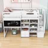 Twin Loft Bed with Stairs and Desk, Storage - [Wood, Drawers, Shelves, Blackboard]