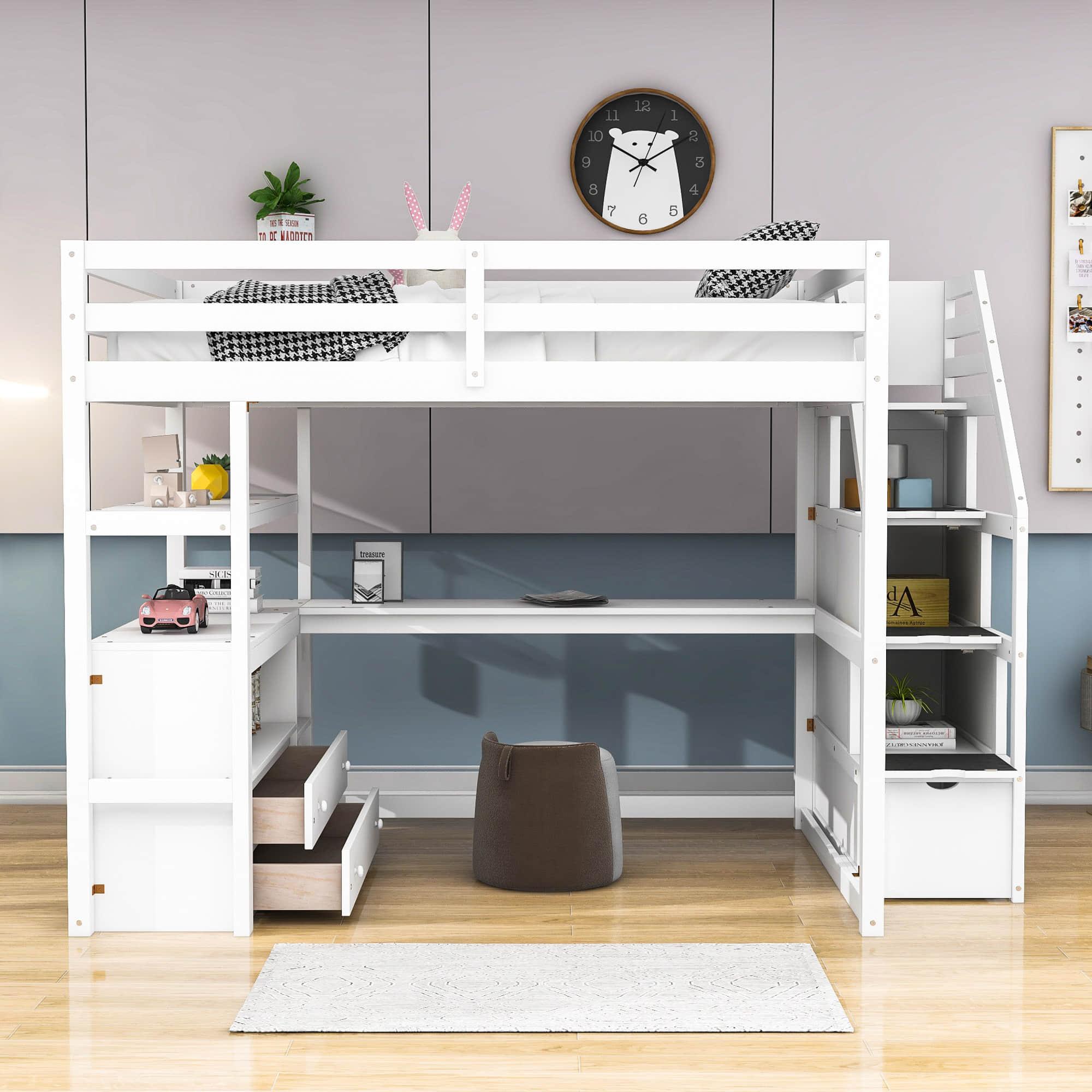 Full Loft Bed with Desk and Stairs, Storage for Kids, Adults - [Wooden]