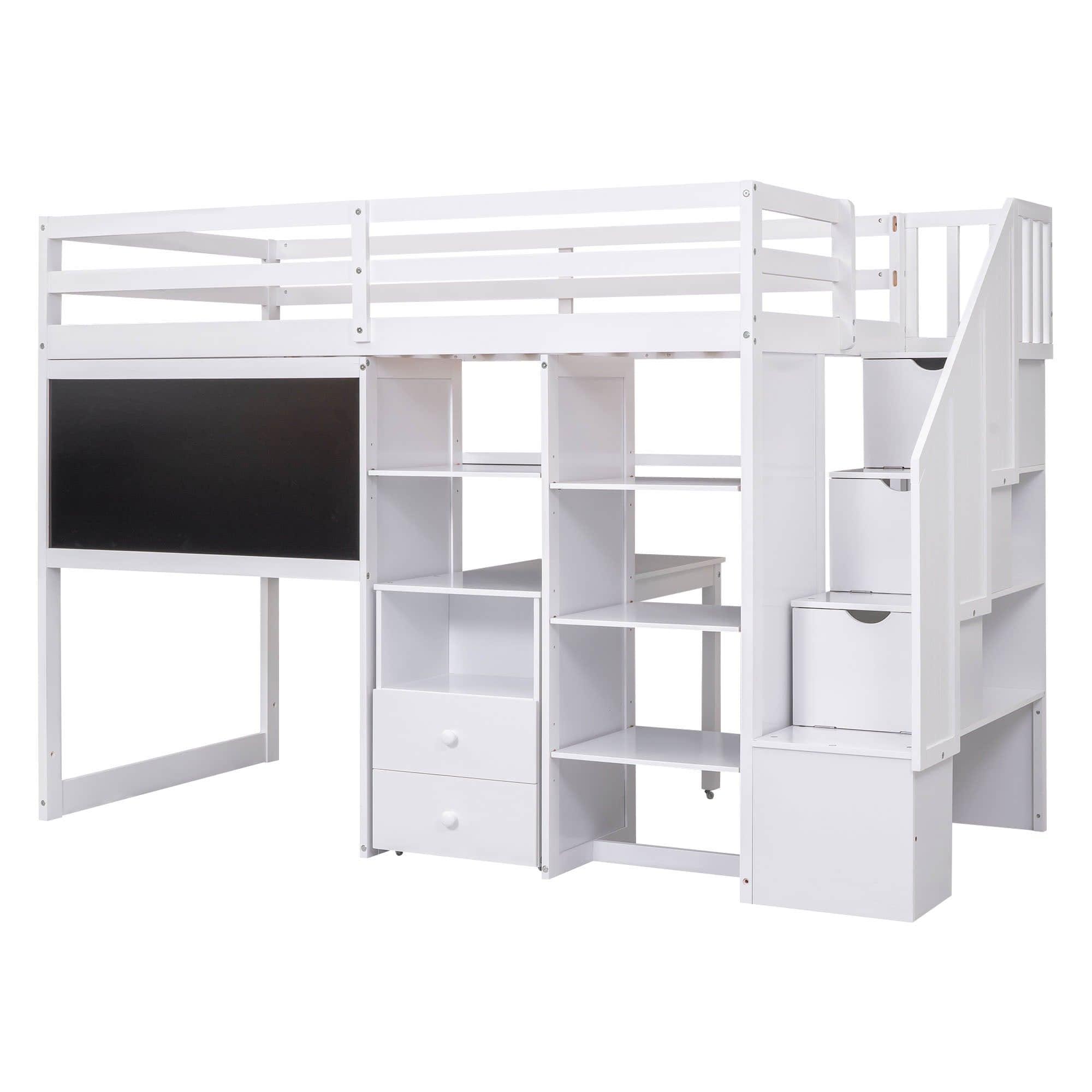 Twin Loft Bed with Stairs and Desk, Storage - [Wood, Drawers, Shelves, Blackboard]