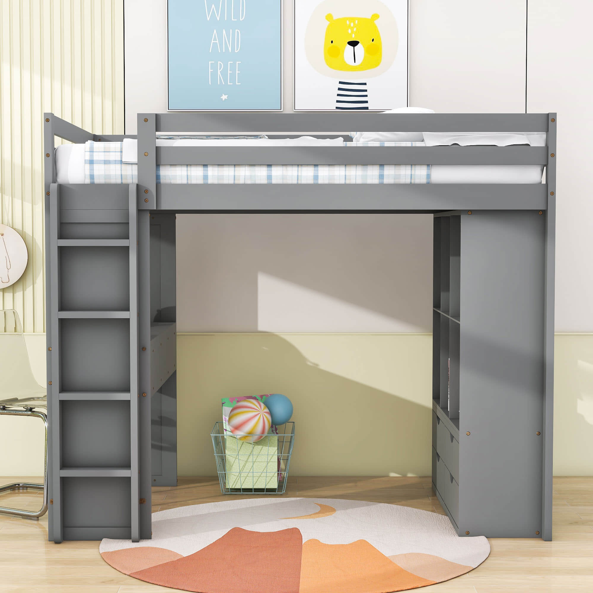 Modern Twin Loft Bed with Desk and Storage, LED Light for Adults, Teens