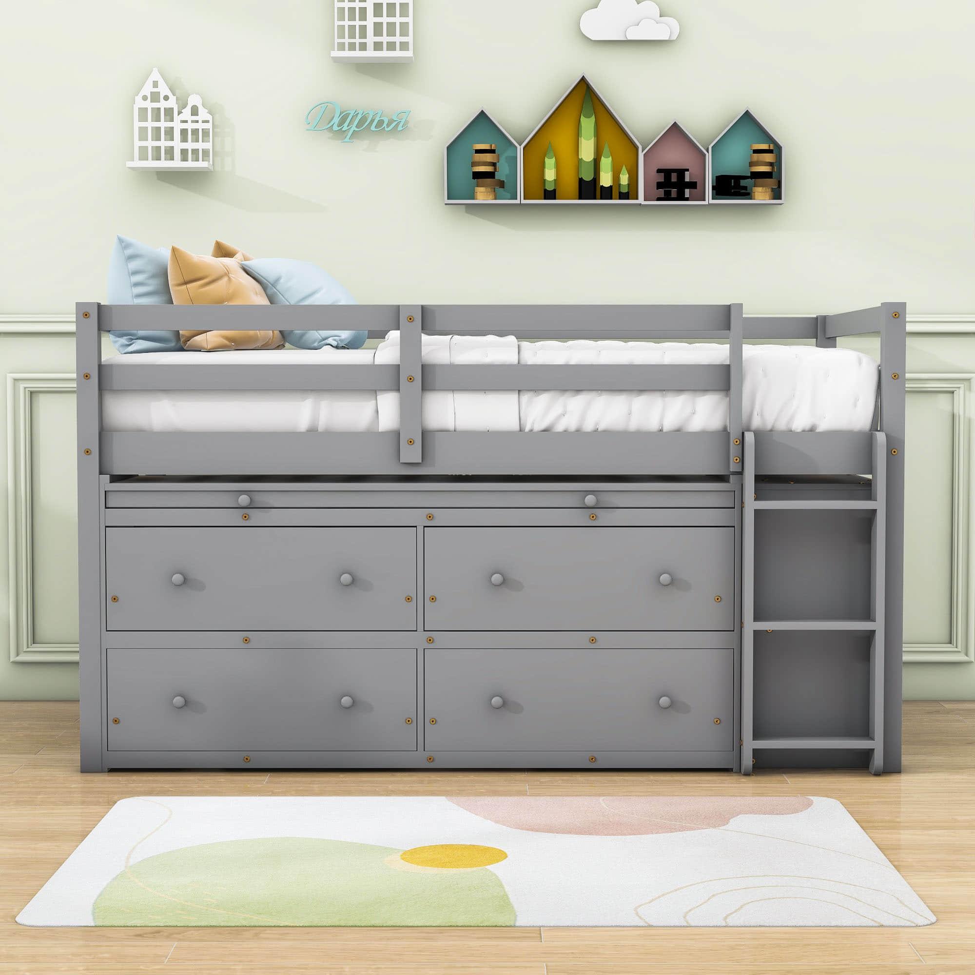 Low Twin Loft Bed with Desk and Storage Drawers for Kids, Toddler