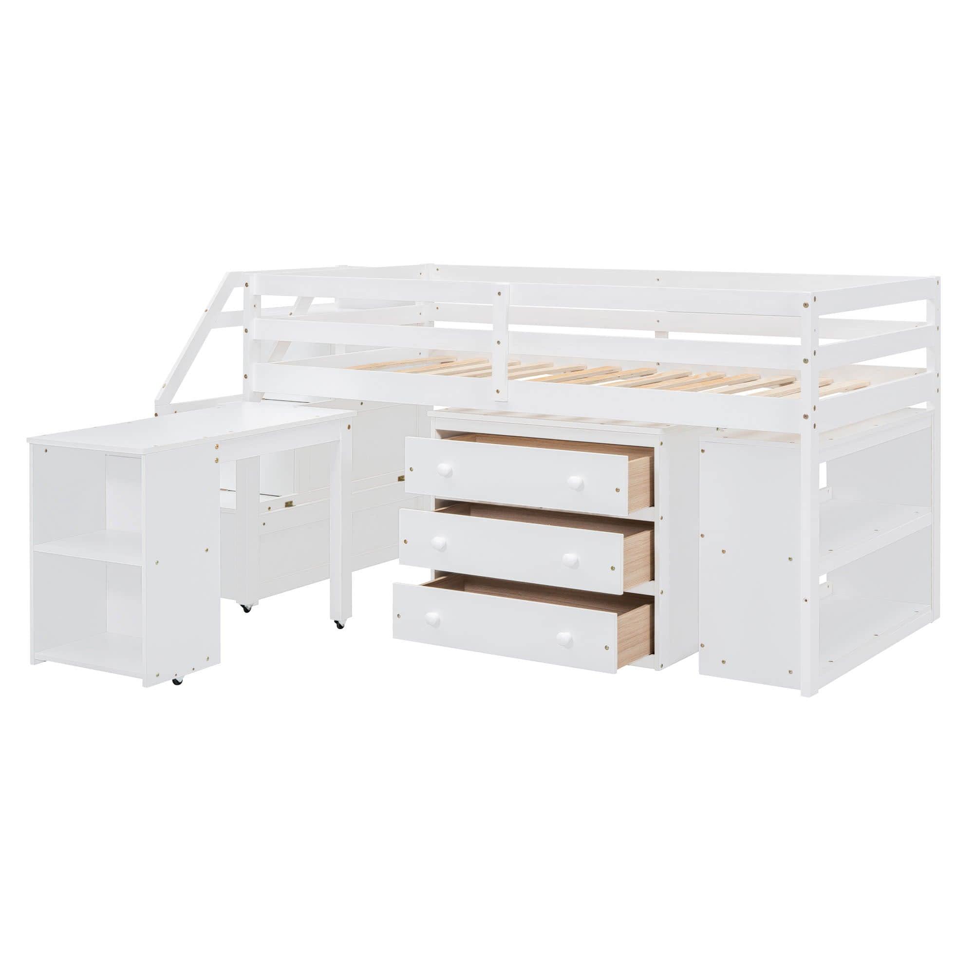 Low Twin Kids Loft Bed with Desk and Stairs, Storage - [Dresser]