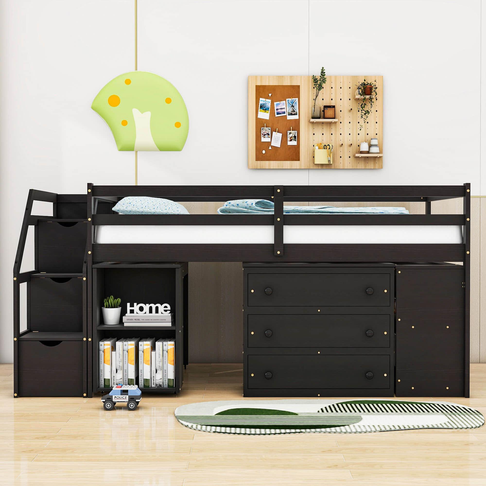 Low Twin Kids Loft Bed with Desk and Stairs, Storage - [Dresser]