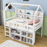 Low Kids Twin Loft House Bed with Storage Shelves - [Wooden]