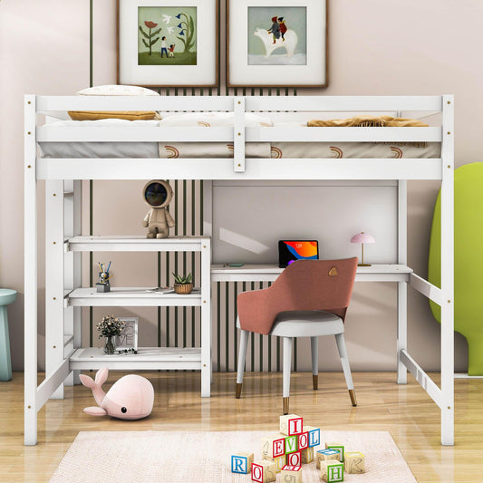 Wooden Full Loft Bed with Desk and Storage Shelves for Adult, Kids, Junior