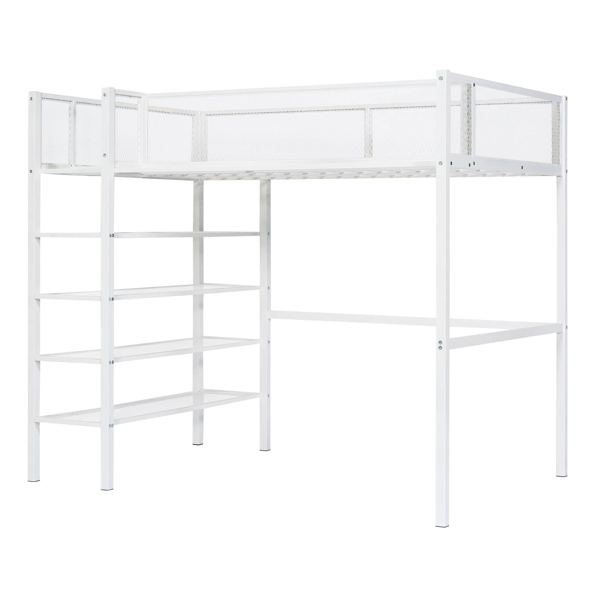 Sturdy Twin Metal Loft Bed Frame with Storage Shelves for Adults, Kids