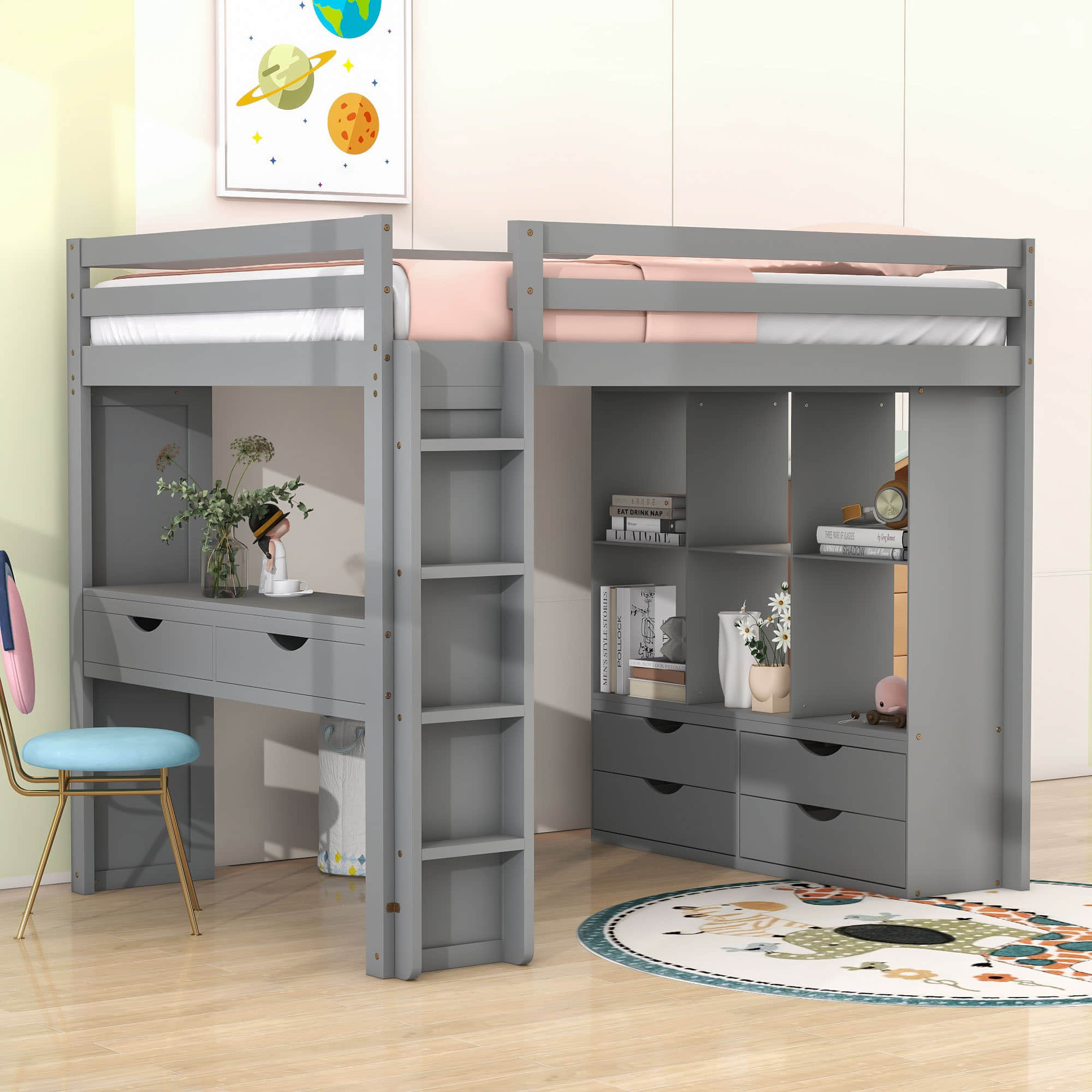 Modern Full Size Loft Bed with Desk and Storage for Adults, Teens