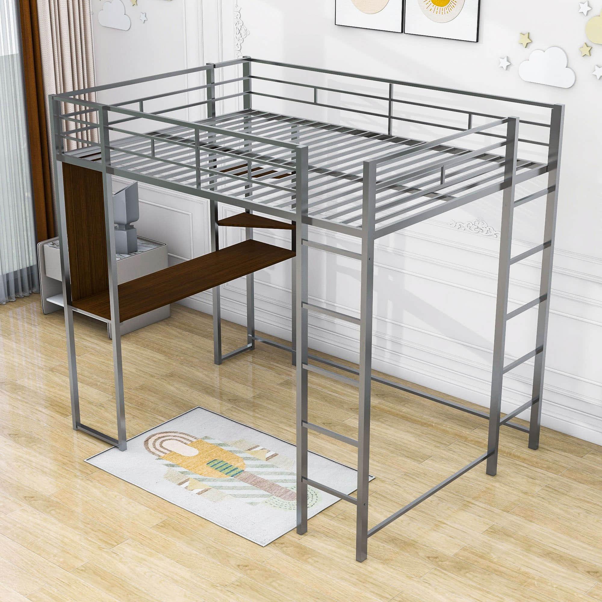 Metal Full Size Loft Bed Frame with Desk and Shelves - [2 Ladders]