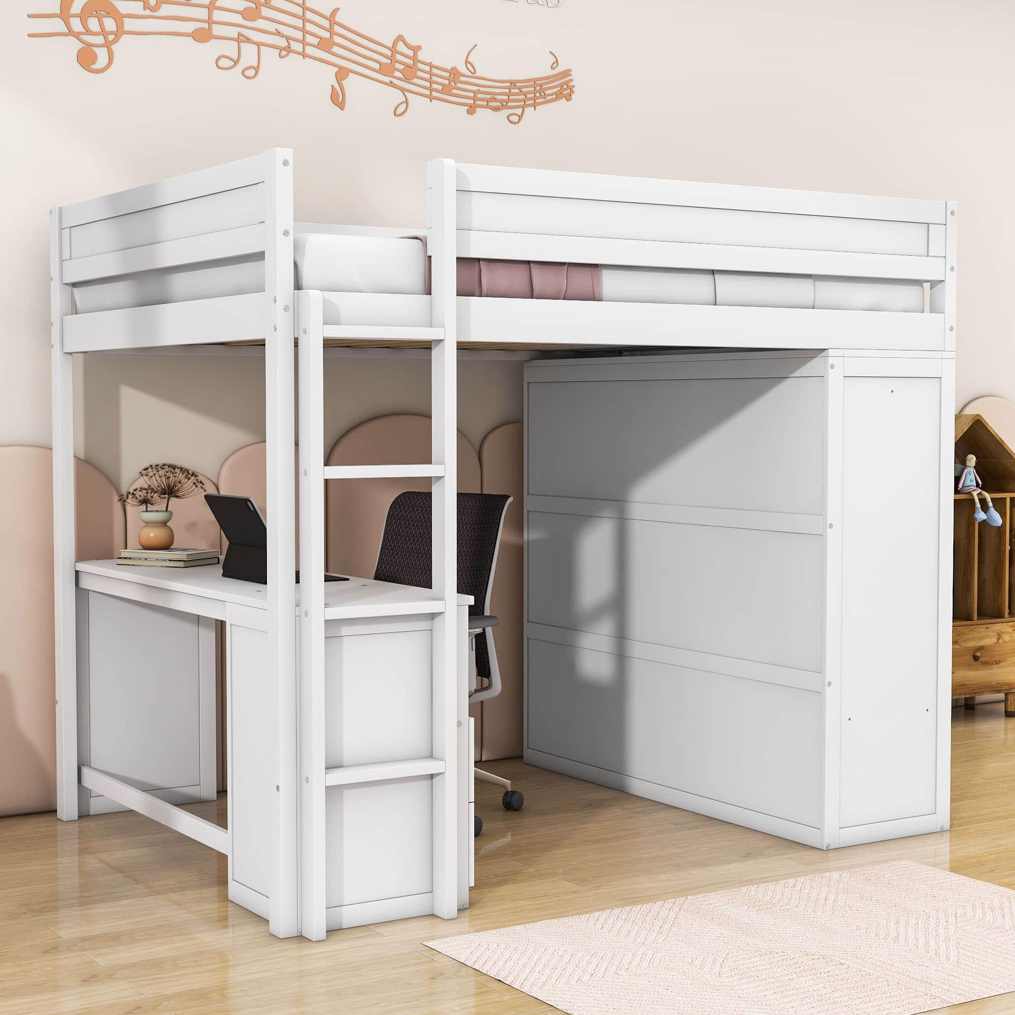 Full Size Loft Bed with Desk and Storage Cabinet, Wardrobe - [Wood, Drawers]