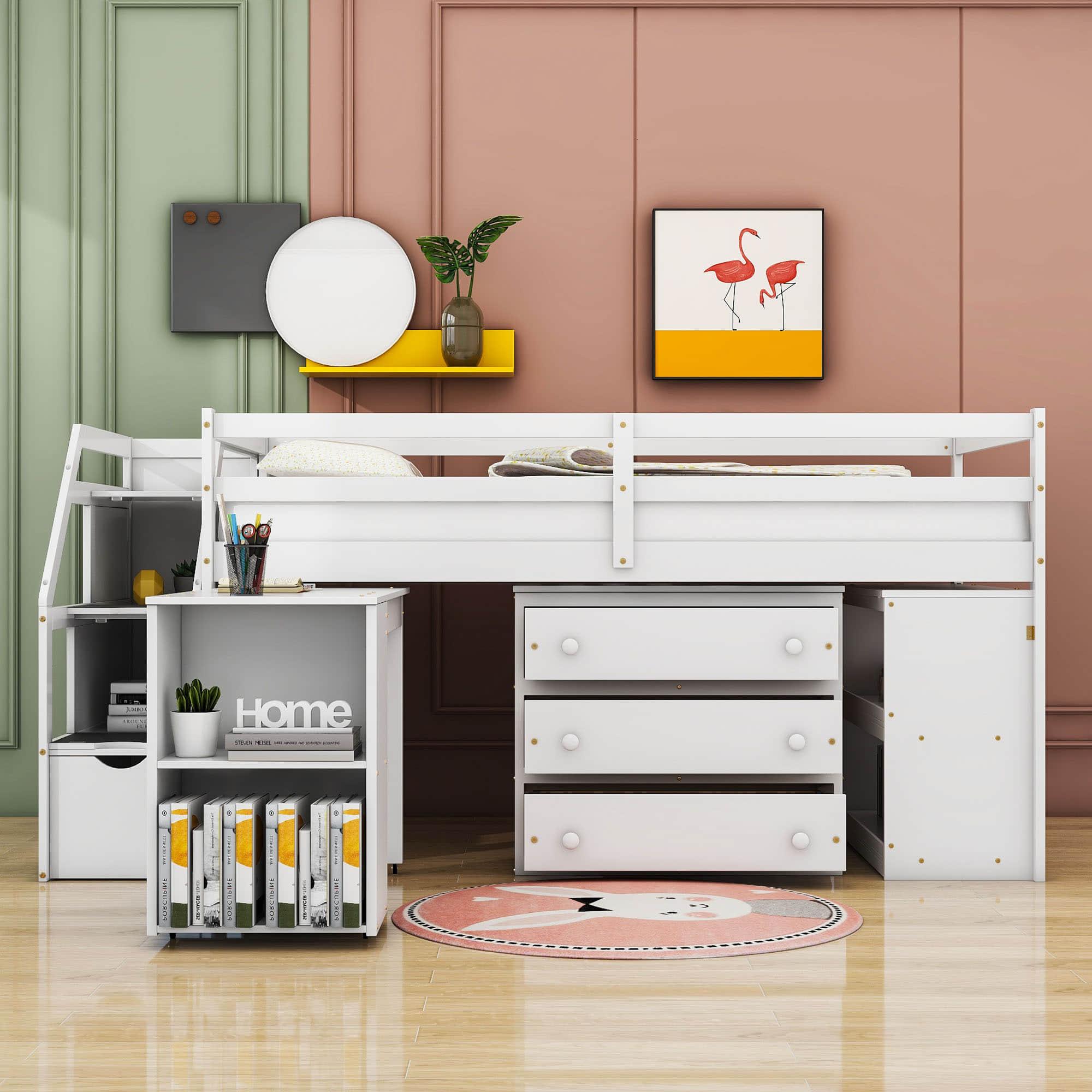 Low Twin Kids Loft Bed with Desk and Stairs, Storage - [Dresser]