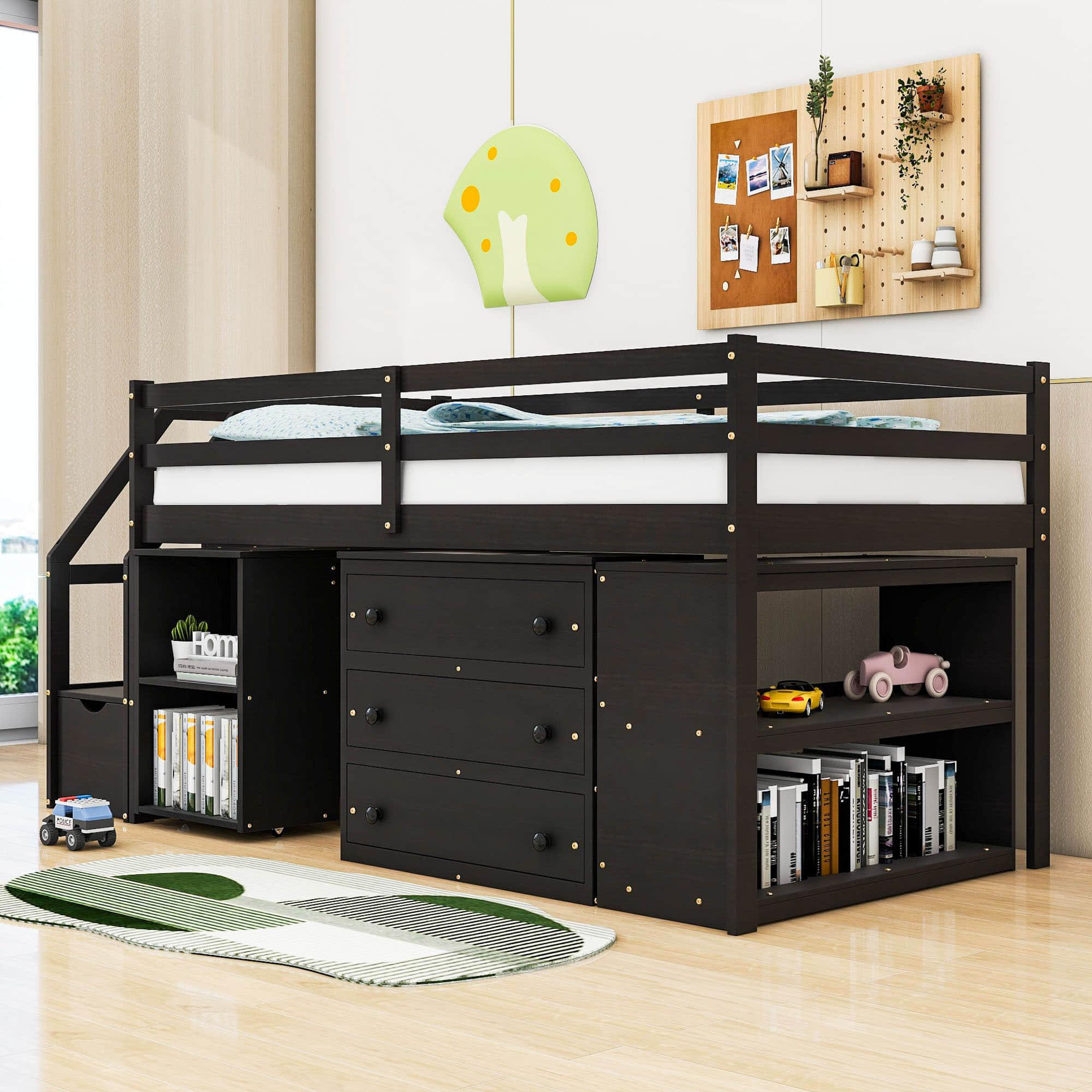 Low Twin Kids Loft Bed with Desk and Stairs, Storage - [Dresser]