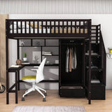 Full Size Loft Bed with Desk and Stairs, Storage - [Wood, Drawers, Wardrobe, Shelves]