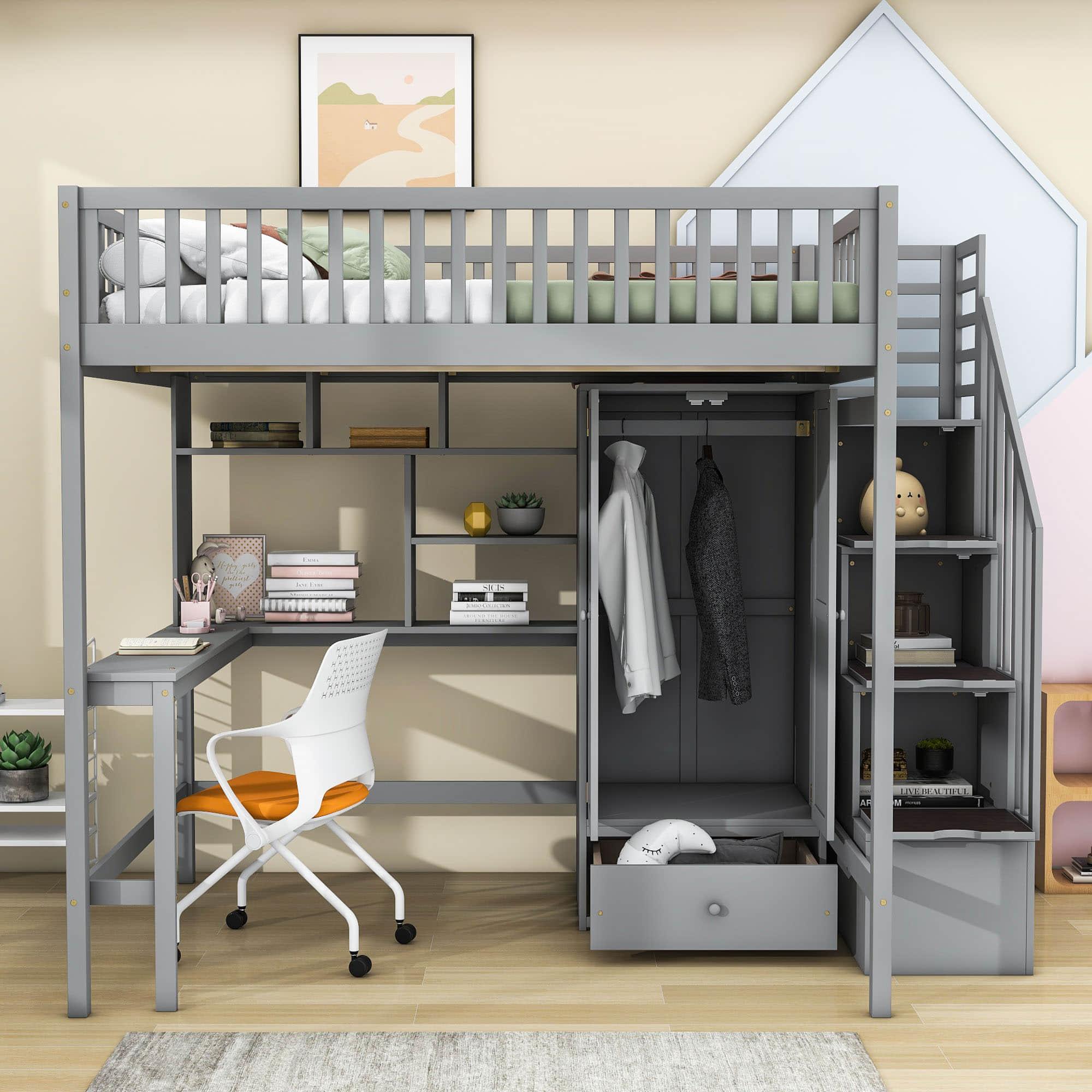 Full Size Loft Bed with Desk and Stairs, Storage - [Wood, Drawers, Wardrobe, Shelves]