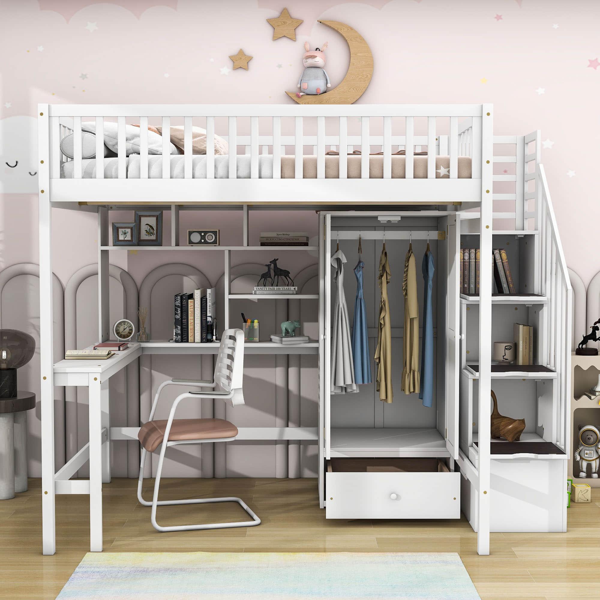 Full Size Loft Bed with Desk and Stairs, Storage - [Wood, Drawers, Wardrobe, Shelves]